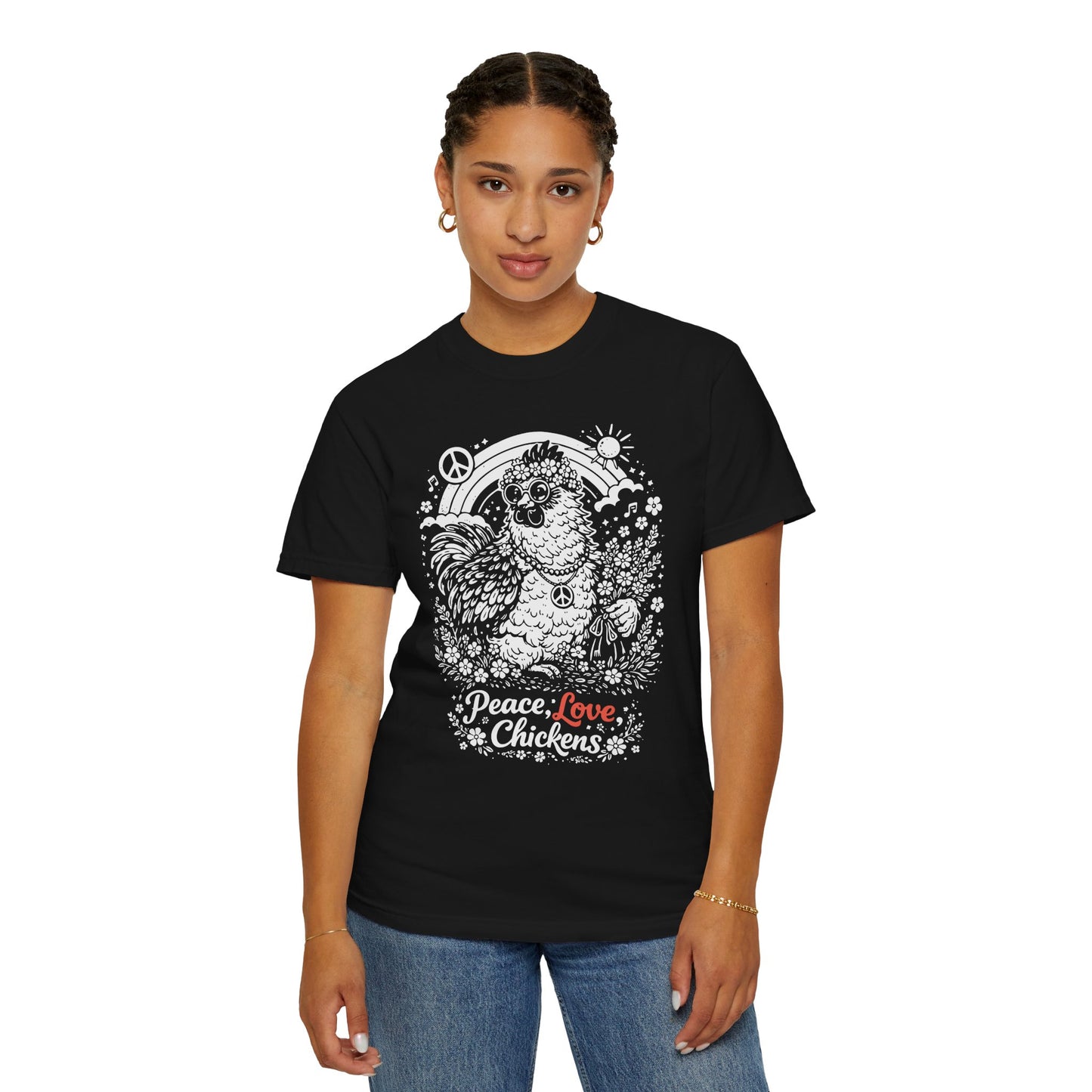 Peace, Love & Chickens T-Shirt — Retro Hen Graphic Tee for Chicken Lovers