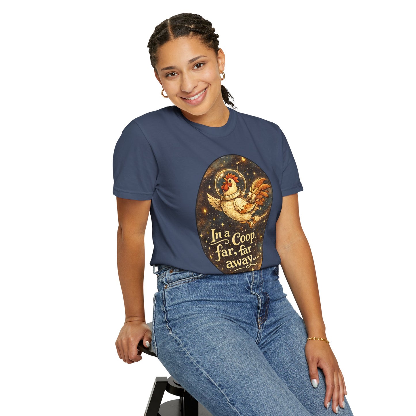 In a Coop Far, Far Away Rooster Space T-Shirt | Whimsical Chicken Lover Gift