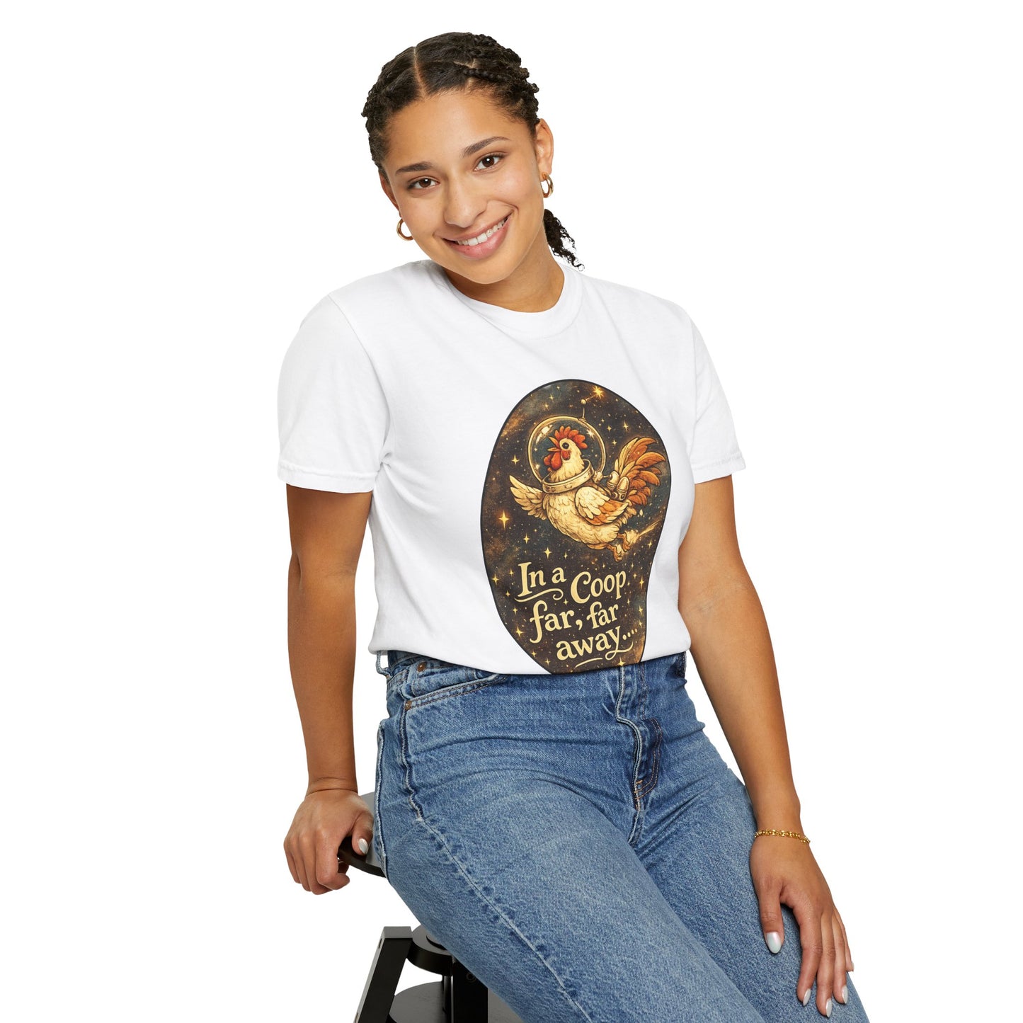In a Coop Far, Far Away Rooster Space T-Shirt | Whimsical Chicken Lover Gift