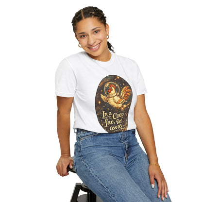 In a Coop Far, Far Away Rooster Space T-Shirt | Whimsical Chicken Lover Gift