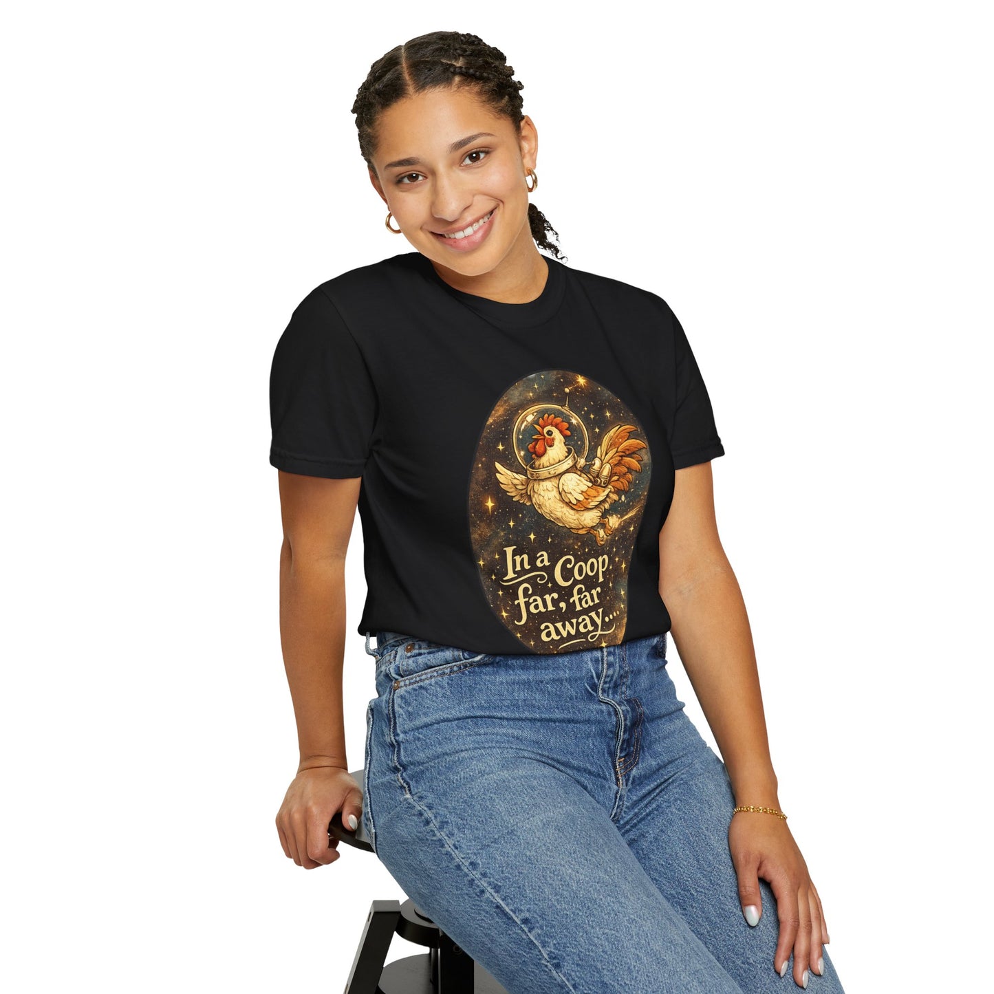 In a Coop Far, Far Away Rooster Space T-Shirt | Whimsical Chicken Lover Gift