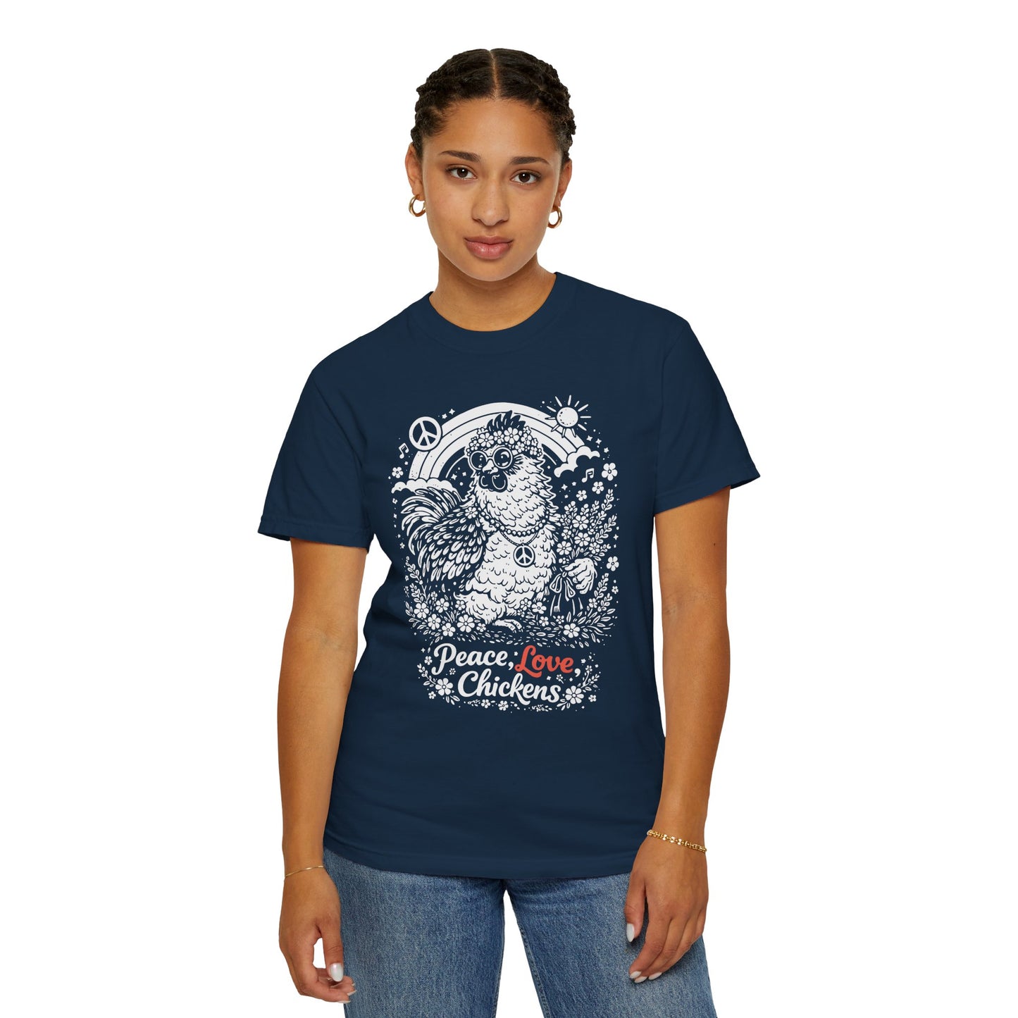 Peace, Love & Chickens T-Shirt — Retro Hen Graphic Tee for Chicken Lovers