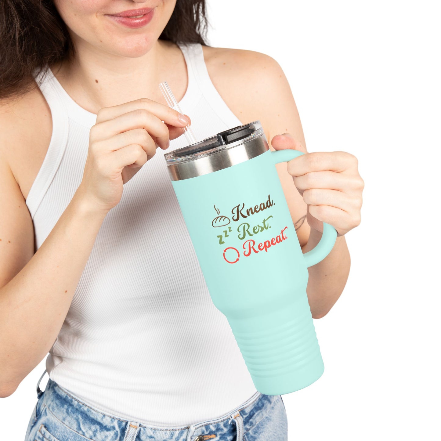 40oz Insulated Travel Mug — "Knead, Rest, Repeat" Baking Quote Tumbler