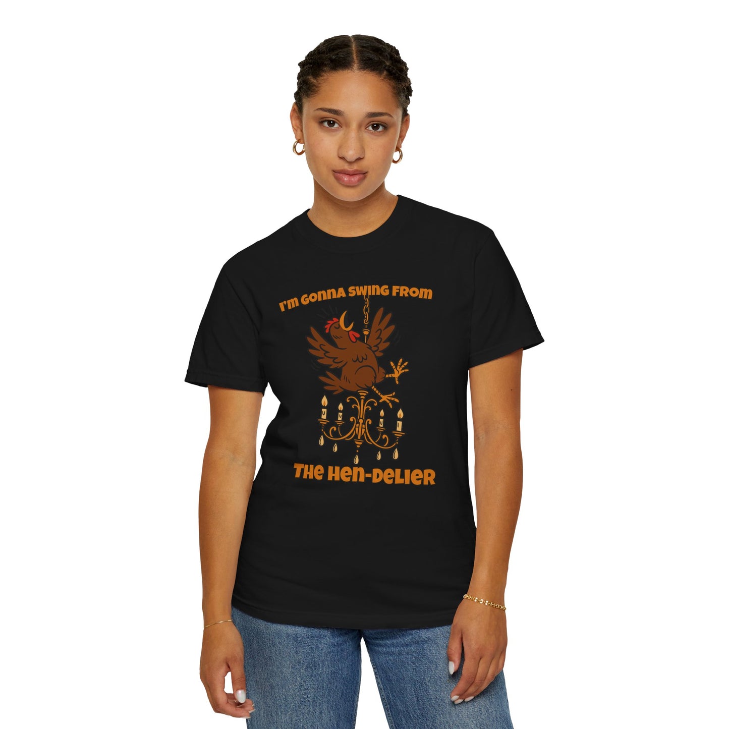 Funny Chicken Chandelier Shirt – “Swing from the Hen-delier” Poultry Diva