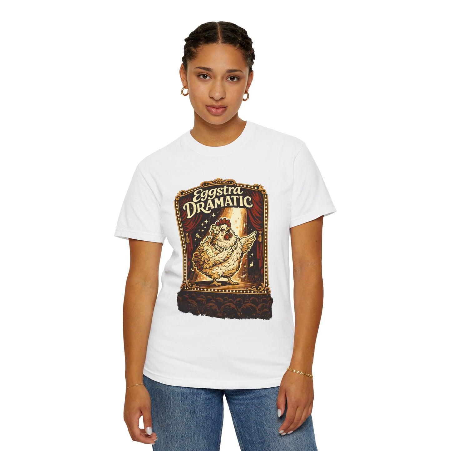 Eggstra Dramatic Hen T-Shirt — Theatrical Spotlight Chicken Tee