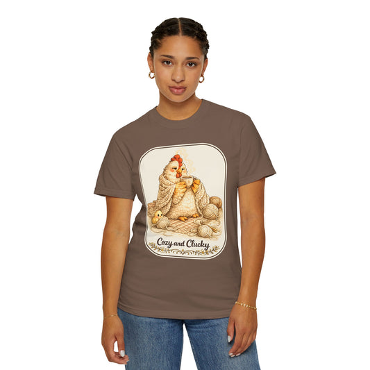 Cozy and Clucky Chicken Shirt – Cottagecore Hen Knitting Tea Graphic Tee