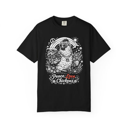 Peace, Love & Chickens T-Shirt — Retro Hen Graphic Tee for Chicken Lovers