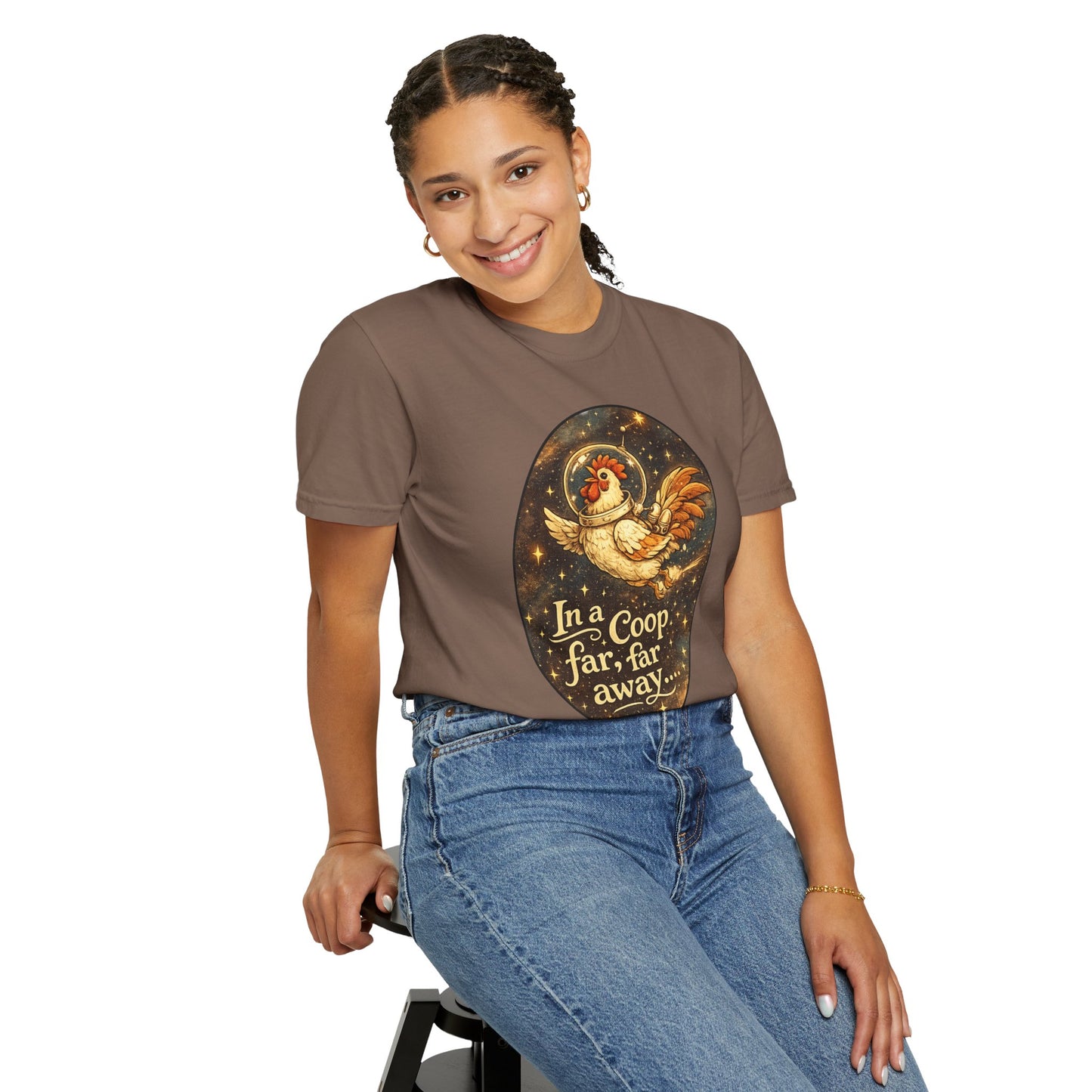 In a Coop Far, Far Away Rooster Space T-Shirt | Whimsical Chicken Lover Gift