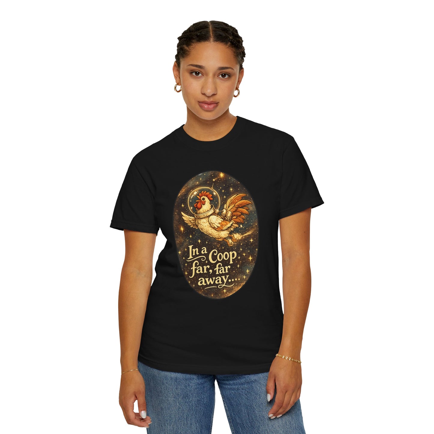 In a Coop Far, Far Away Rooster Space T-Shirt | Whimsical Chicken Lover Gift