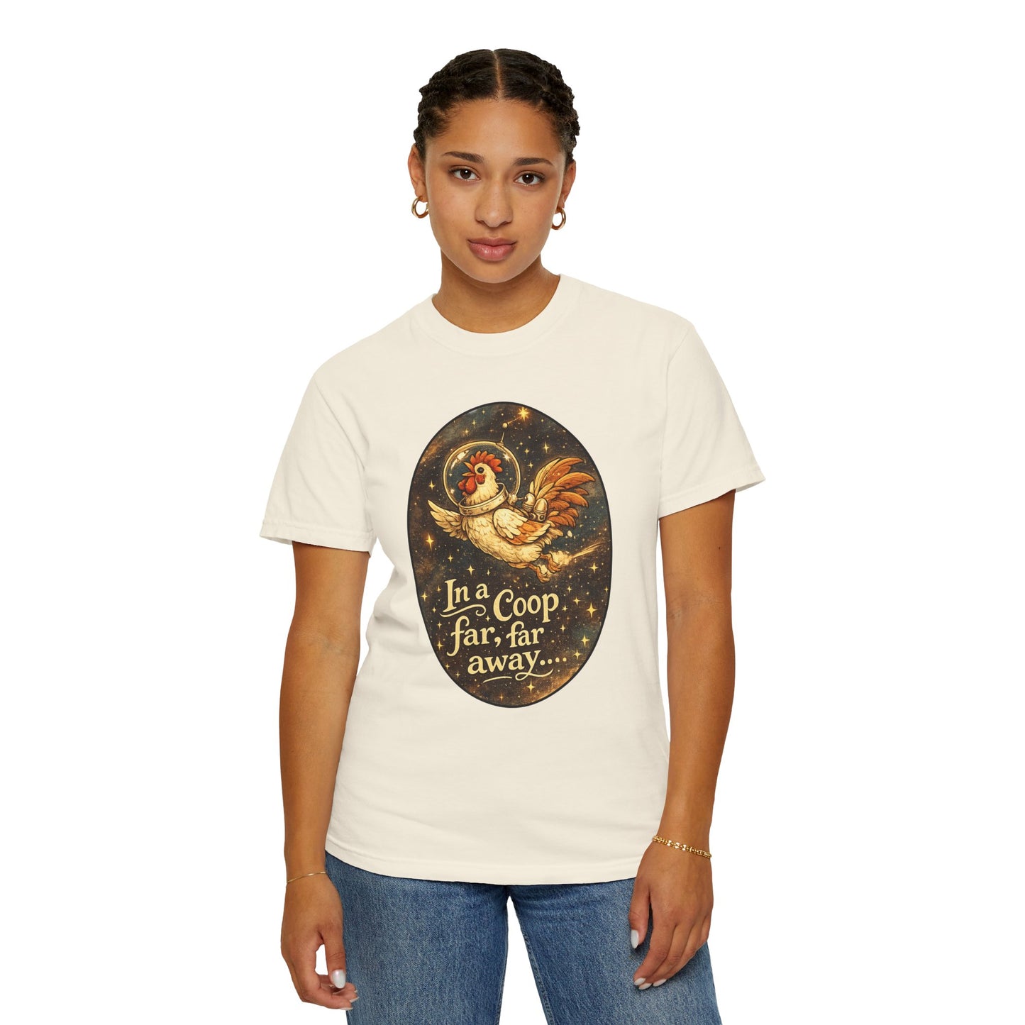 In a Coop Far, Far Away Rooster Space T-Shirt | Whimsical Chicken Lover Gift