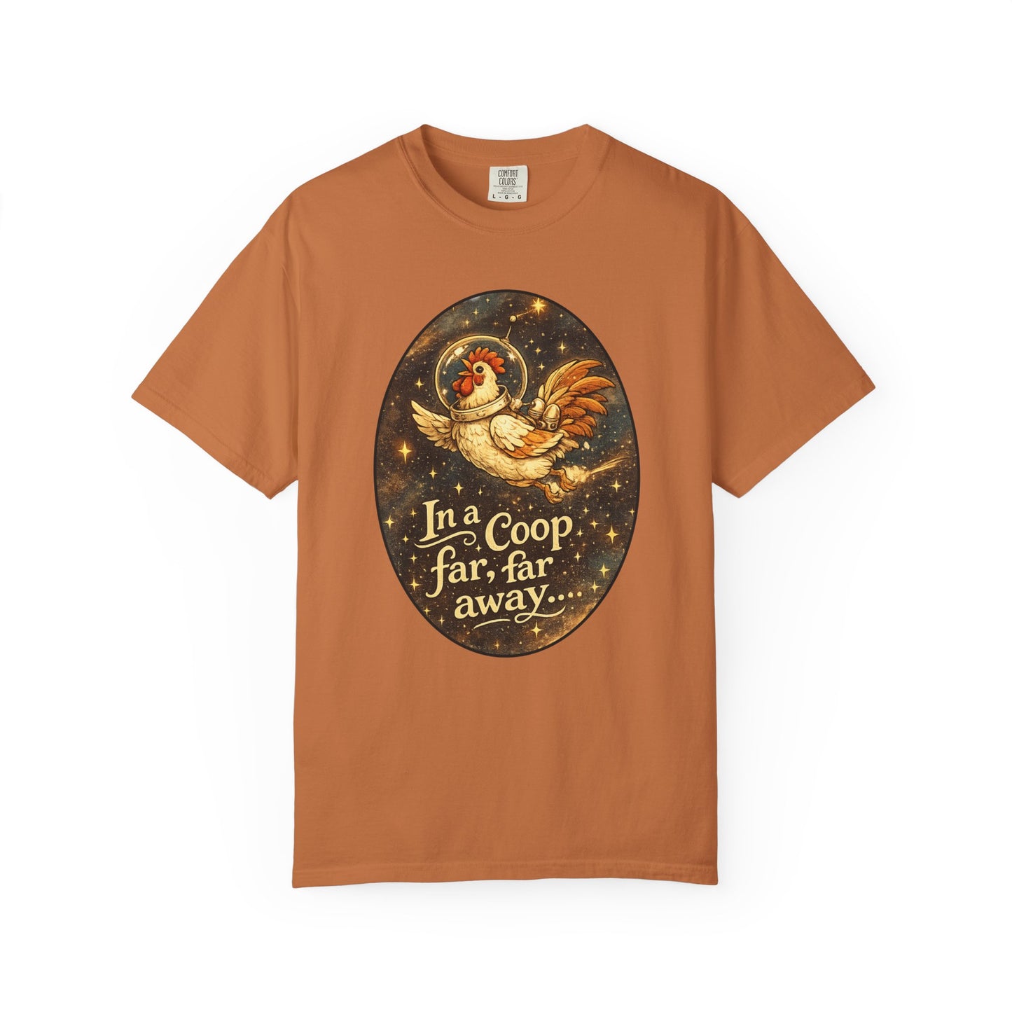 In a Coop Far, Far Away Rooster Space T-Shirt | Whimsical Chicken Lover Gift