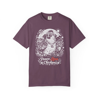 Peace, Love & Chickens T-Shirt — Retro Hen Graphic Tee for Chicken Lovers
