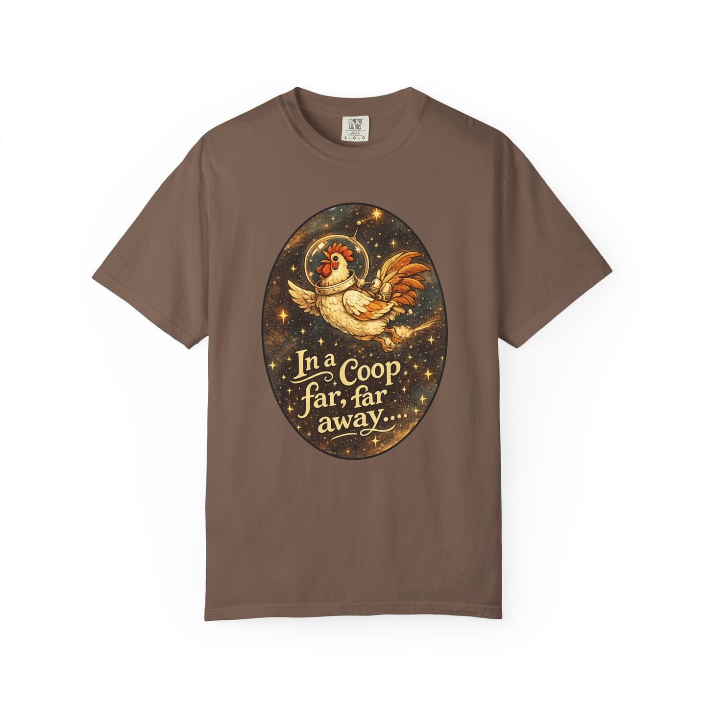 In a Coop Far, Far Away Rooster Space T-Shirt | Whimsical Chicken Lover Gift