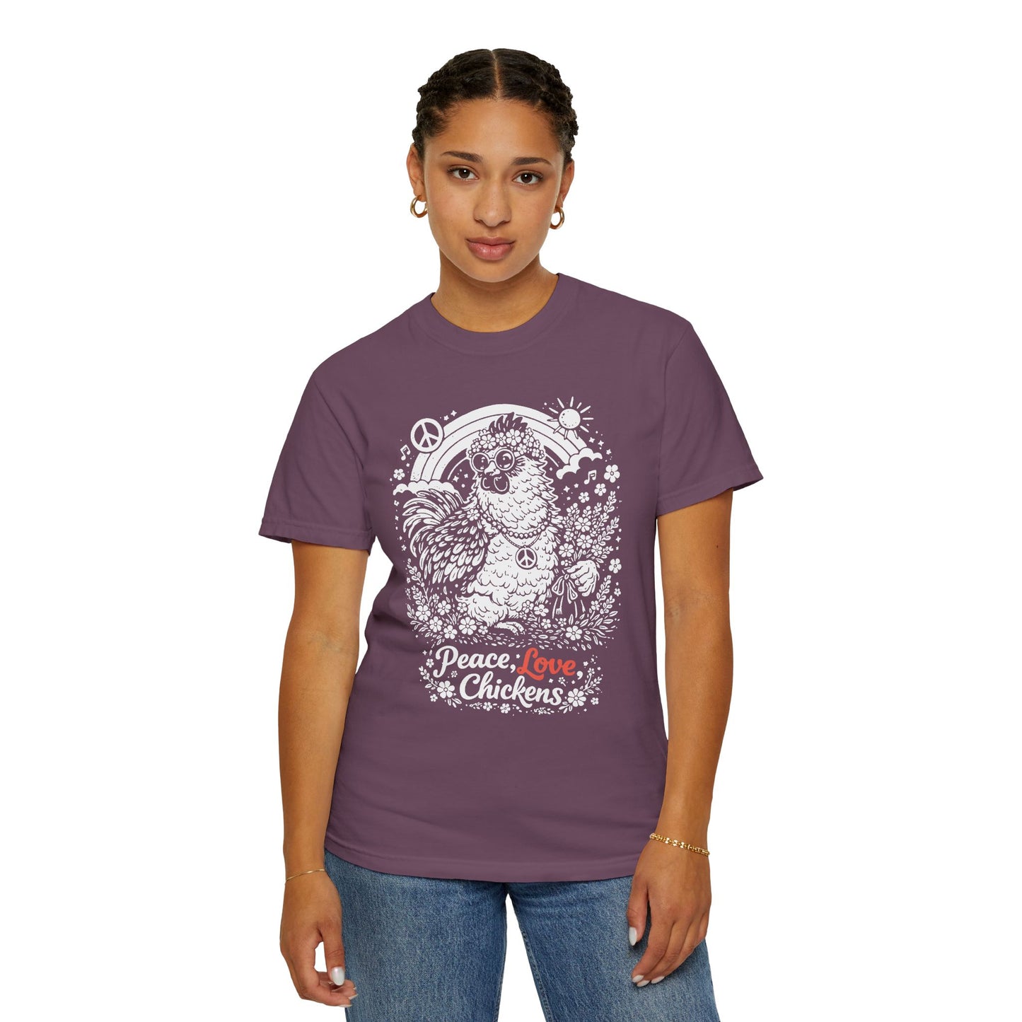 Peace, Love & Chickens T-Shirt — Retro Hen Graphic Tee for Chicken Lovers