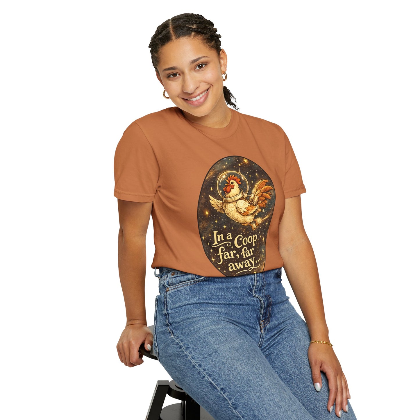 In a Coop Far, Far Away Rooster Space T-Shirt | Whimsical Chicken Lover Gift