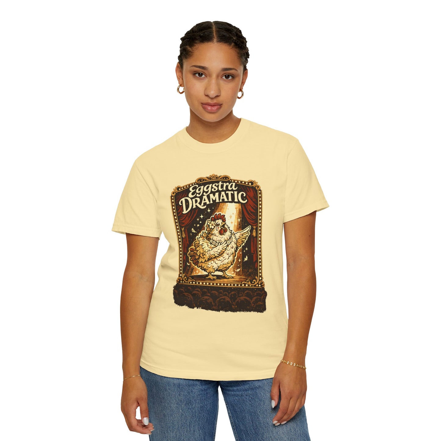 Eggstra Dramatic Hen T-Shirt — Theatrical Spotlight Chicken Tee