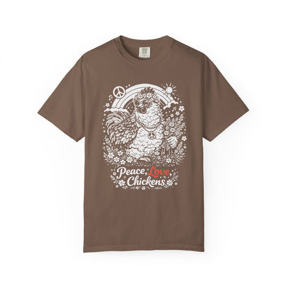 Peace, Love & Chickens T-Shirt — Retro Hen Graphic Tee for Chicken Lovers