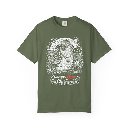 Peace, Love & Chickens T-Shirt — Retro Hen Graphic Tee for Chicken Lovers