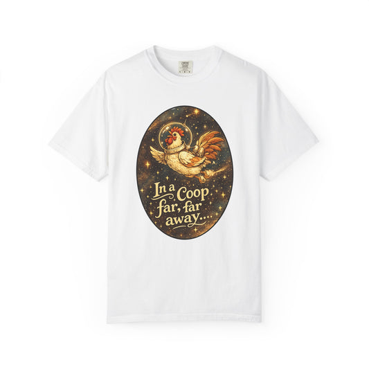 In a Coop Far, Far Away Rooster Space T-Shirt | Whimsical Chicken Lover Gift