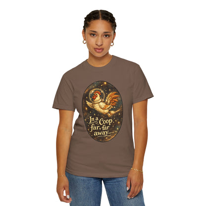 In a Coop Far, Far Away Rooster Space T-Shirt | Whimsical Chicken Lover Gift