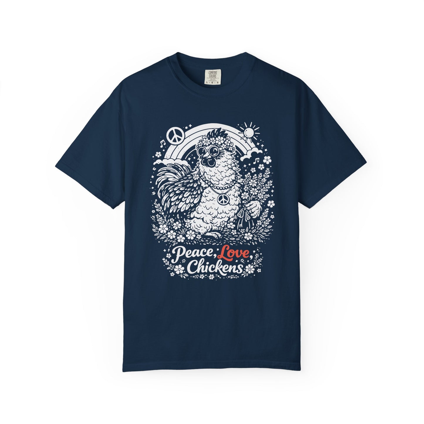 Peace, Love & Chickens T-Shirt — Retro Hen Graphic Tee for Chicken Lovers