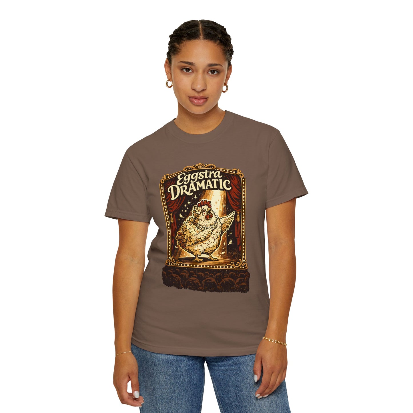 Eggstra Dramatic Hen T-Shirt — Theatrical Spotlight Chicken Tee
