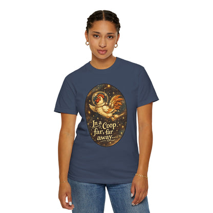 In a Coop Far, Far Away Rooster Space T-Shirt | Whimsical Chicken Lover Gift