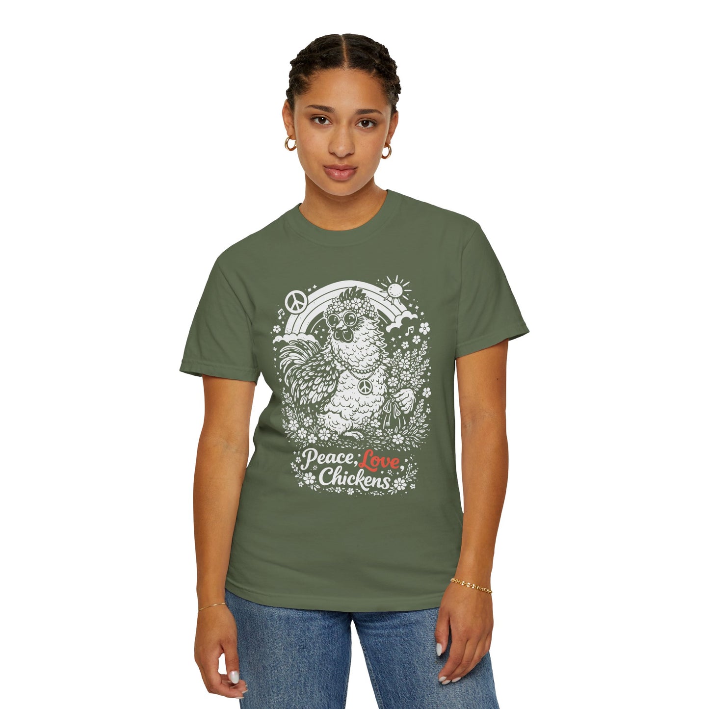 Peace, Love & Chickens T-Shirt — Retro Hen Graphic Tee for Chicken Lovers