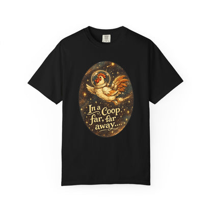 In a Coop Far, Far Away Rooster Space T-Shirt | Whimsical Chicken Lover Gift